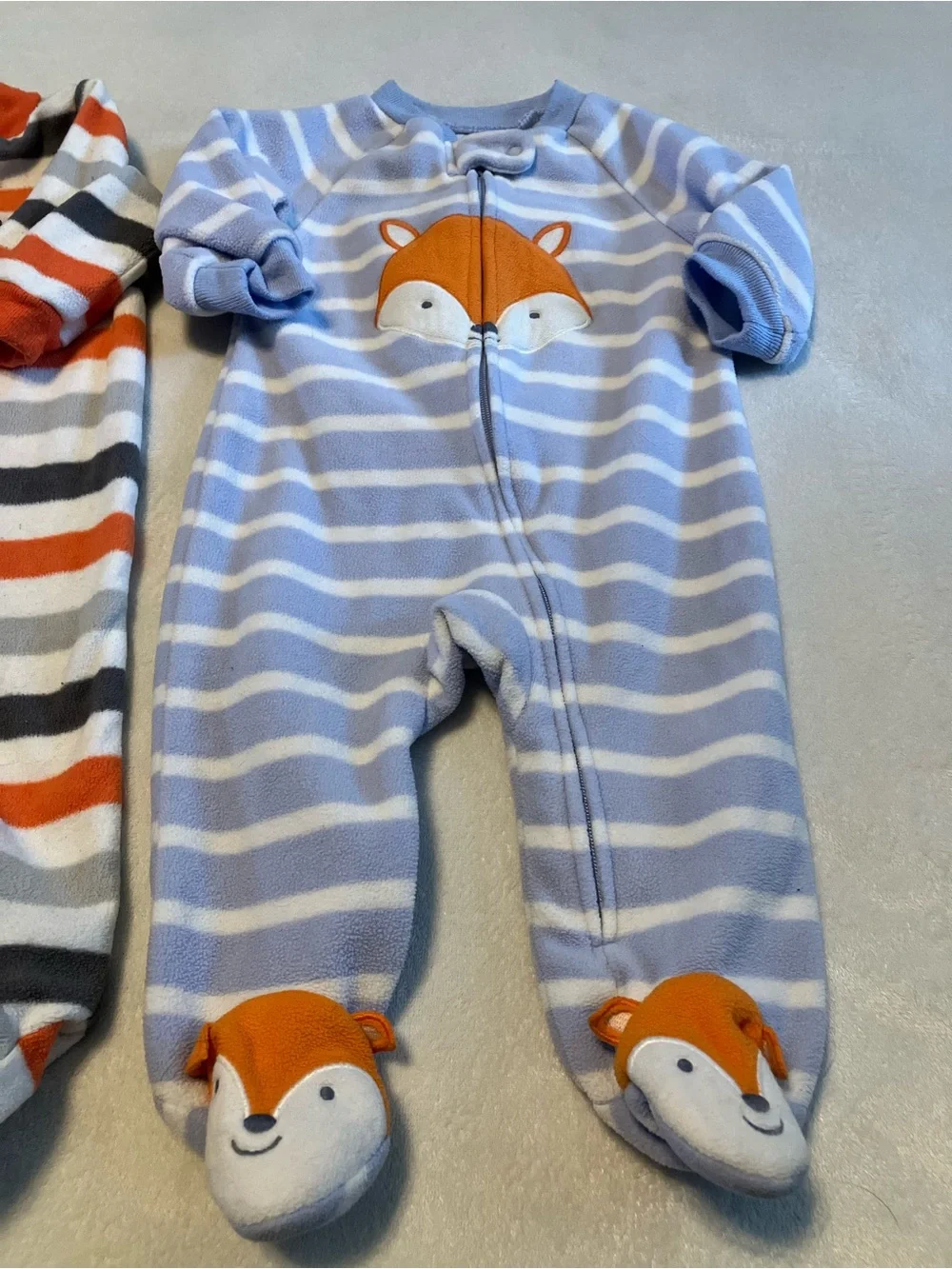 Striped Footed Baby One-Piece with Fox and Raccoon- Blue & Orange